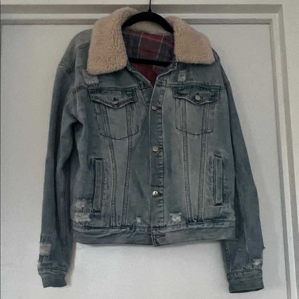 Free People Distressed Denim Jacket with Cream Collar
